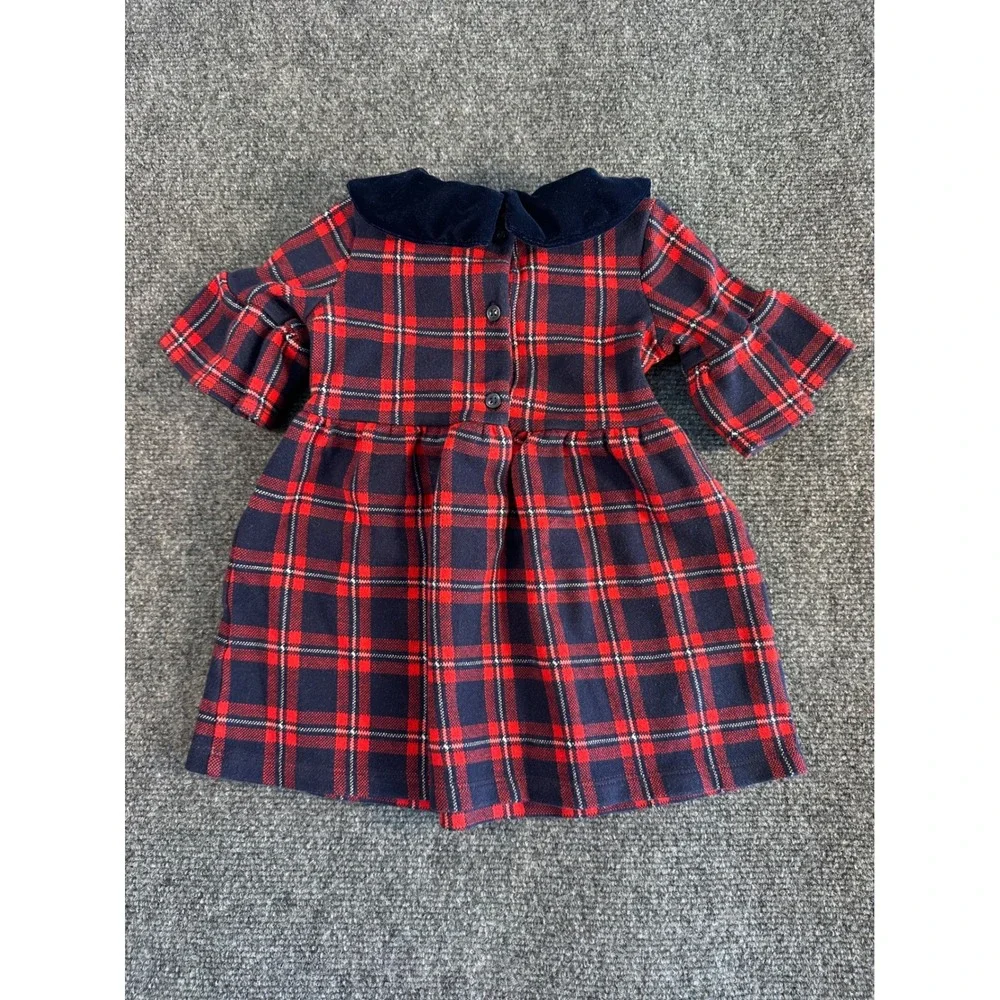Janie and Jack Red Navy Plaid Velvet Collar Dress 18-24 Months